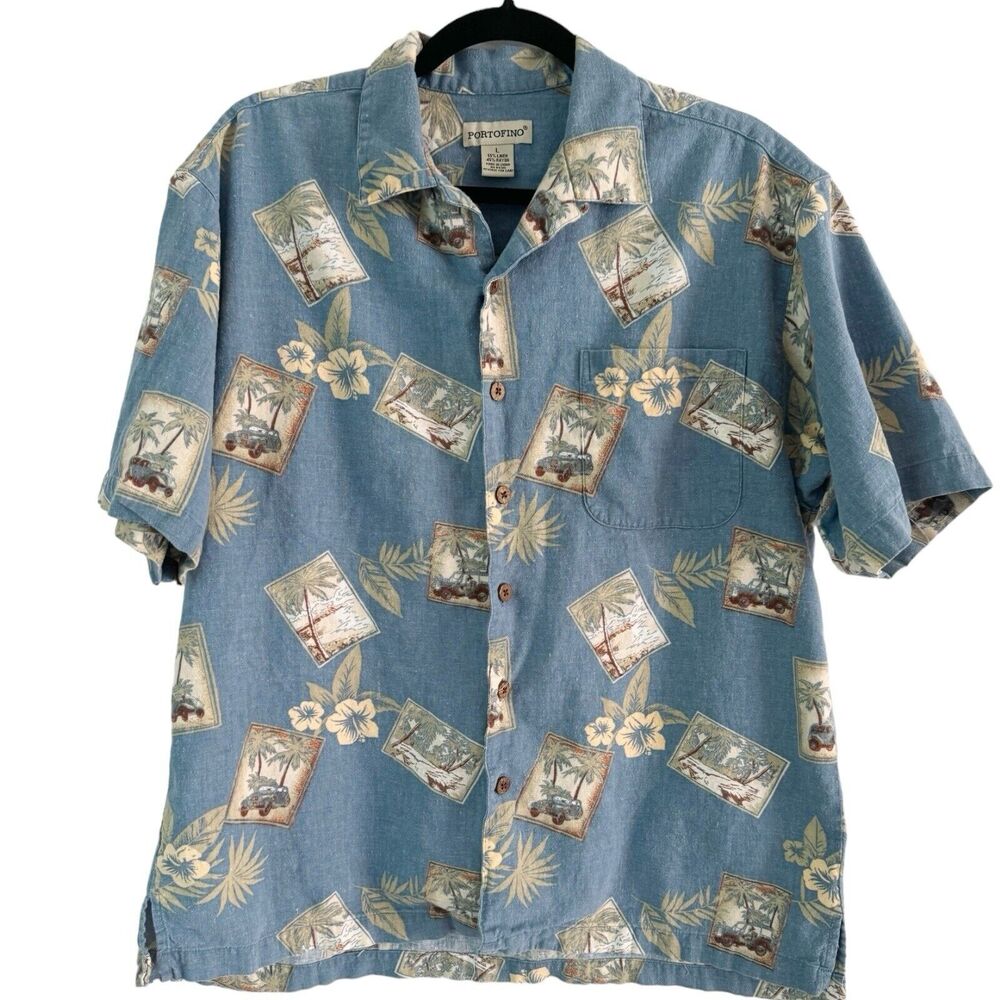 Portofino Blue Tropical Postcard Button Front Linen Hawaiian Shirt Mens Large